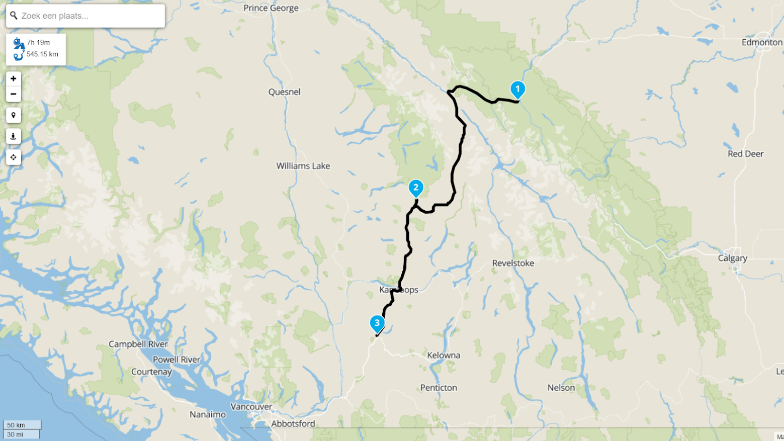 De route van vandaag. Afgelegde afstand 546 km. Van Jasper naar Merritt