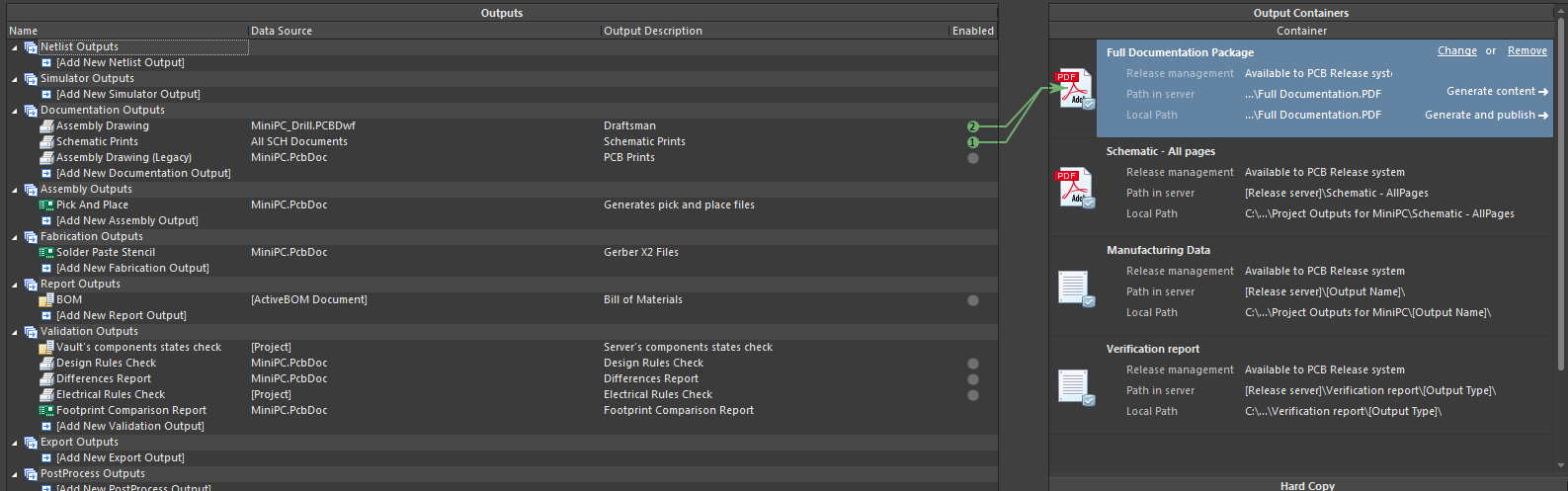 Altium Designer screenshot showing configuration of output job needed for the build system