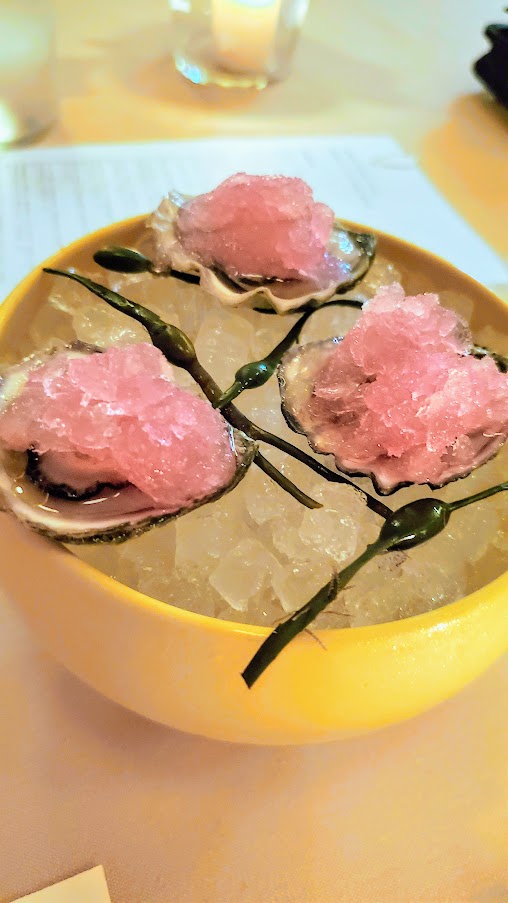 A Dinner at Erizo, Washington native oysters with a granita, Tillamook Bay limpets with mustard seed oil