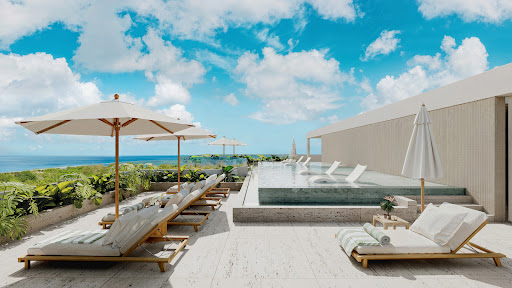 Buy this luxury apartment / penthouse in Gibbes (Barbados) - Terrace with pool, lounge chairs and sea view