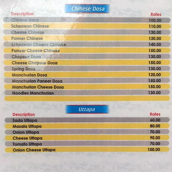 Shakti Dosa menu 