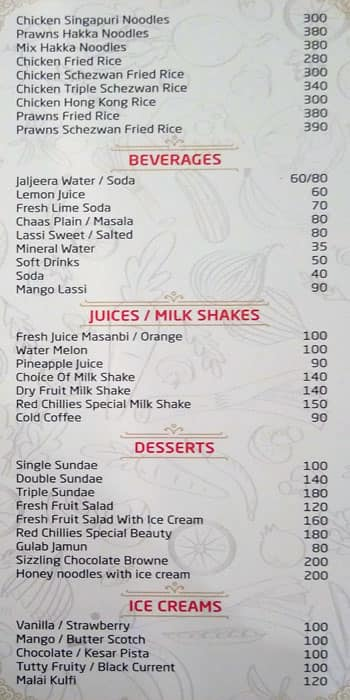 Red Chillies Multi Cuisine menu 