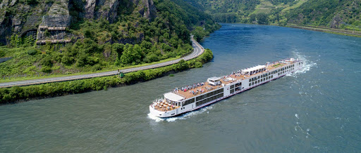 Viking Mani sailing through a pastoral stretch of the Middle Rhine in Germany. 