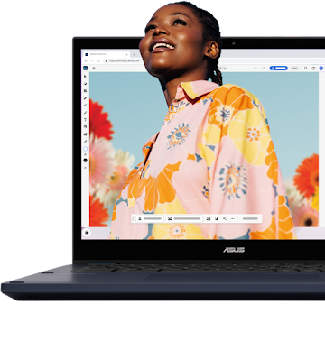 Et bilde av en kvinne i en rosa skjorte med blomster, som redigeres i Photoshop på en Chromebook.