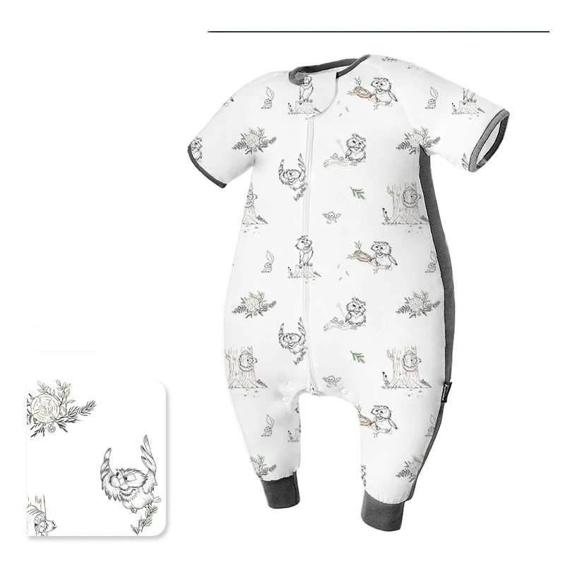 Saco de dormir fino de verão, manga curta, gaze de algodão de bambu, leve e respirável, ideal para noites quentes, macio e confortável.