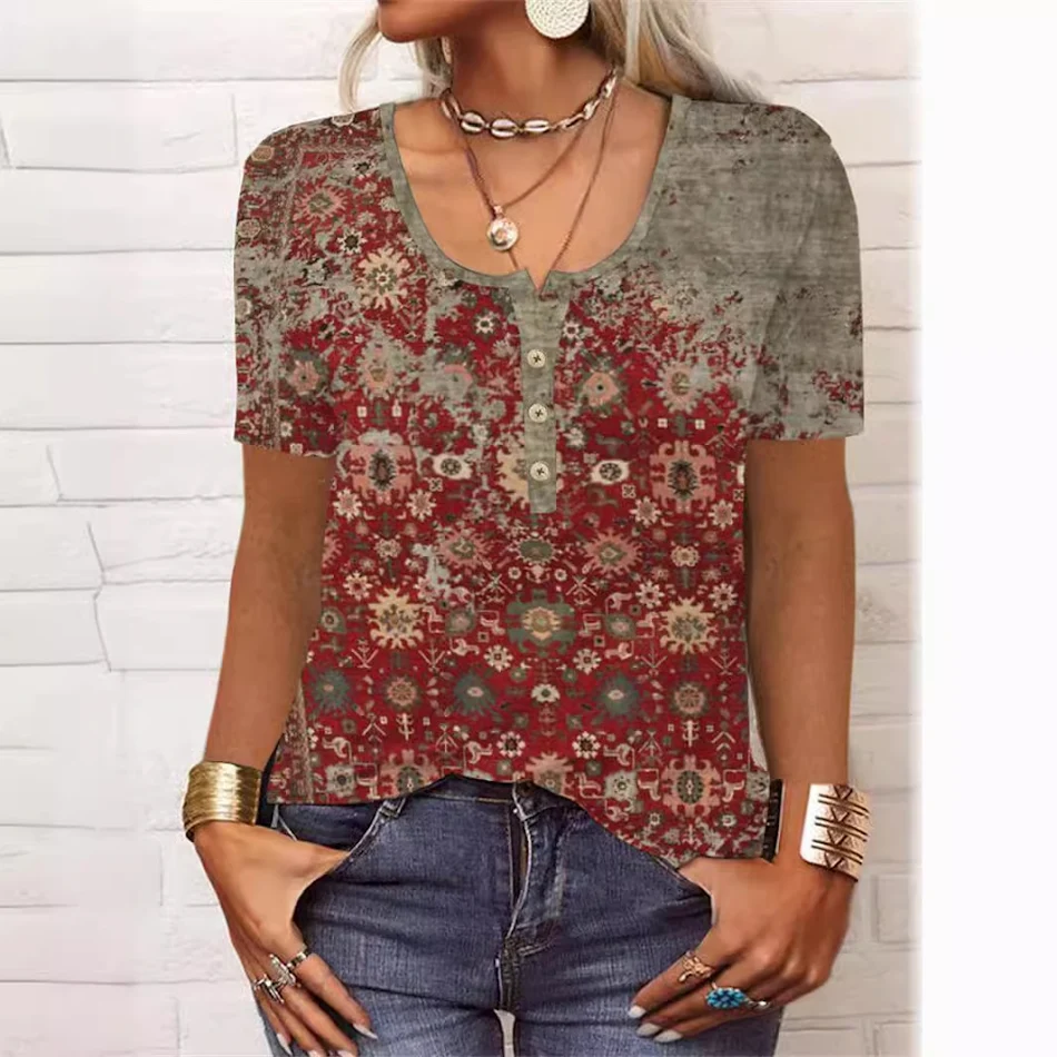 T-shirt d'été ample à manches courtes, motif floral géométrique, col en U et boutons, parfaite pour un look décontracté et estival.