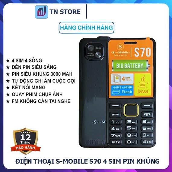 Điện Thoại S - Mobile S70 - 4 Sim - Pin Khủng 3000 Mah - Loa Cực To - Lướt Mạng - Mới Full Box - Bảo Hành 06 Tháng