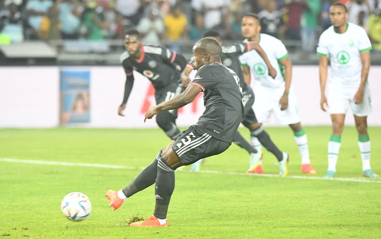 Orlando Pirates defender Nkosinathi Sibisi misses a penalty during the DStv Premiership match against AmaZulu FC at Orlando Stadium on October 14.