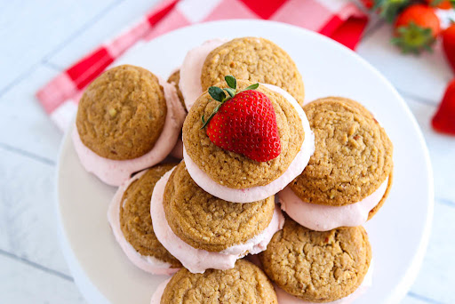 A platter of Frozen Strawberry Cheesecake Sandwiches.