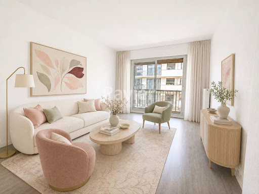 Luxury apartment / penthouse for sale in Paris 16ème (75016) - Neighborhood Passy - Modern living room with white sofa and pink armchair