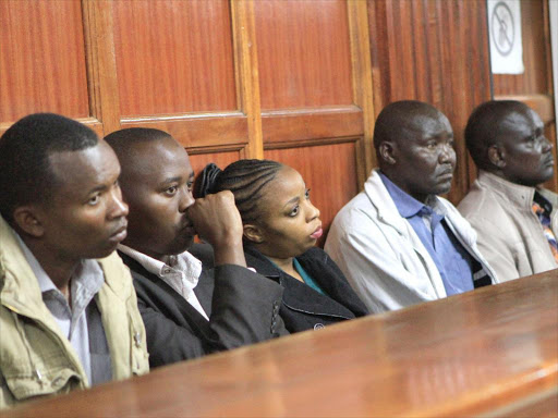 Suspects Peter Ngugi Kamau, Leonard Mwangi Maina, Silvia Wanjiku Wanjohi, Stephen Cheburet Morogo and Fredrick ole Leliman Maasai at a Milimani law court where they are facing charges of the murder of the late lawyer Willie Kimani/FILE