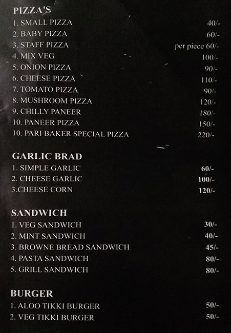 Pari Bakers menu 