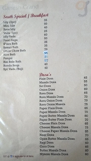 Ganesh Grand menu 