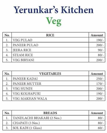 Yerunkar's Kitchen menu 