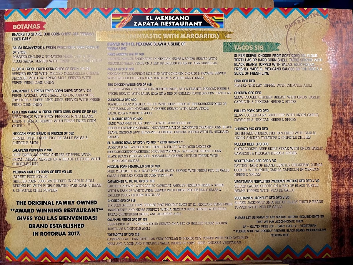 El Mexicano Zapata Express gluten-free menu