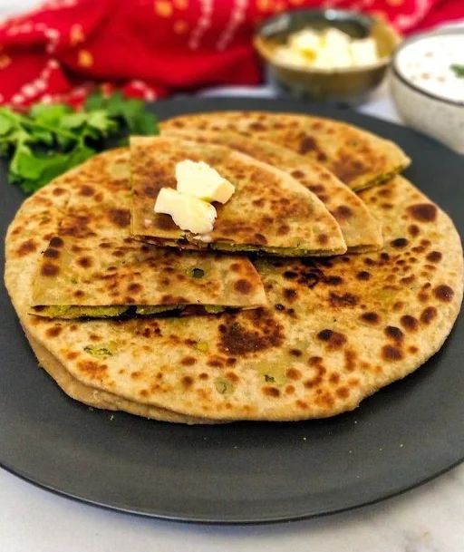 10" Mattar Parantha + Achar, White Butter, Mint Chutney, Dahin