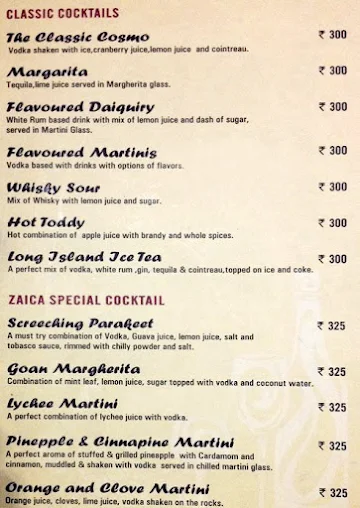 Zaica Dine & Wine menu 