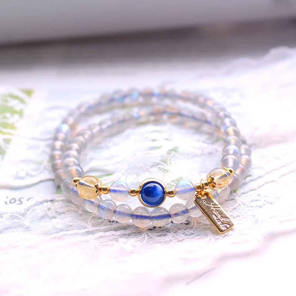 Bracelet DIY design bleu moonstone gris naturel pour travailleurs, adaptable à tous les styles, personnalisez votre bijou unique et élégant.
