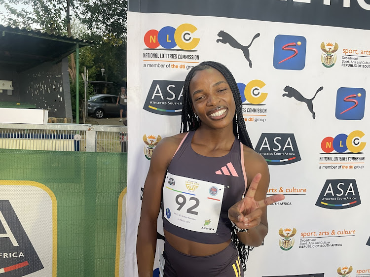 Viwe Jingqi after winning the women's 200m at the Athletics South Africa grand prix meet in Potchefstroom on Thursday evening.