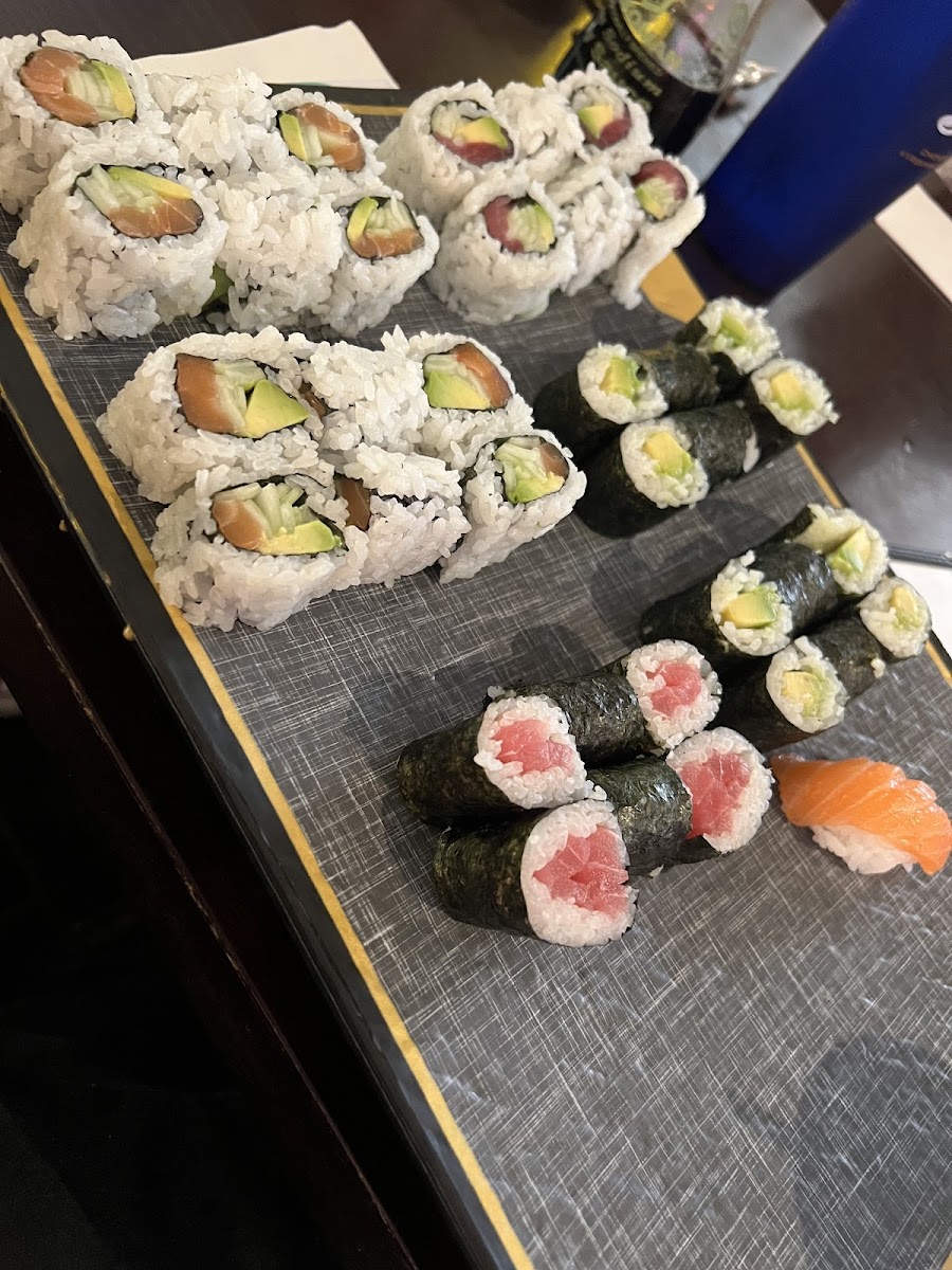 Alaska Roll, Avacado Roll, Salmon Shashimi and Salmon Rolls