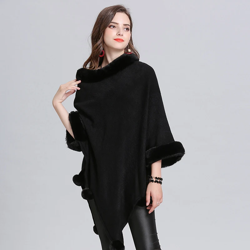 Elegante Chal con Cuello de Piel de Zorro y Jersey Jacquard. Abrigo cálido y sofisticado para mujer, perfecto para un look invernal con estilo.