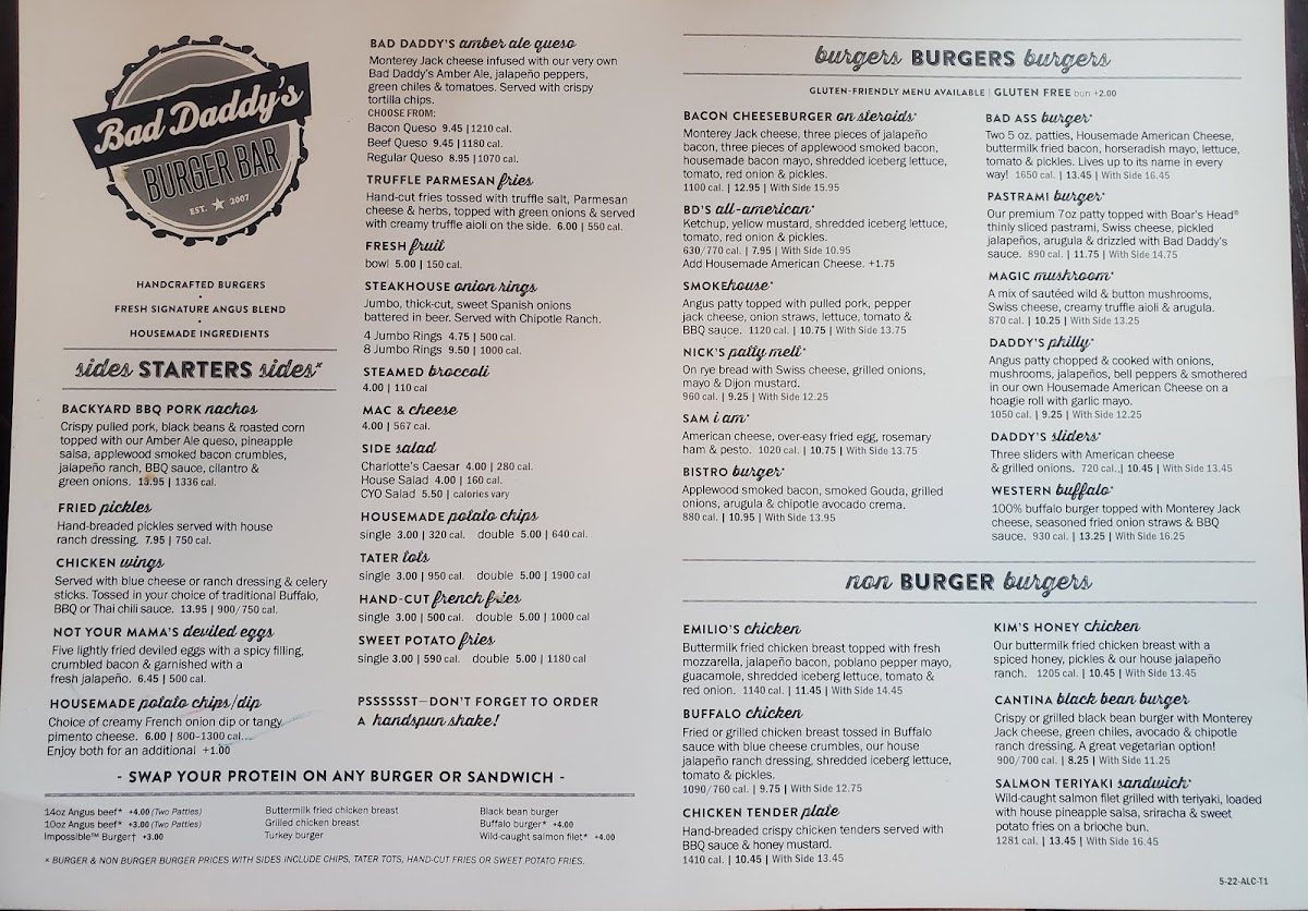 Bad Daddy's Burger Bar gluten-free menu