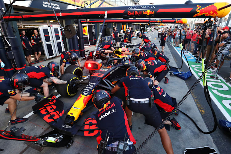 The Red Bull Racing team practise pitstops during previews before the F1 Grand Prix of Australia at Melbourne Grand Prix Circuit on March 12 2020 in Melbourne.