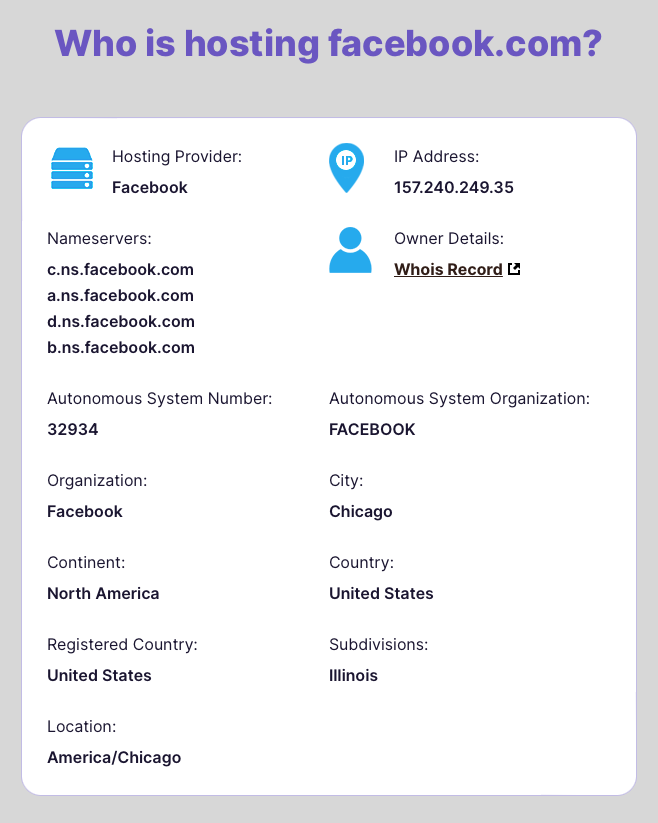 resultados do domínio facebook.com no who is hosting this