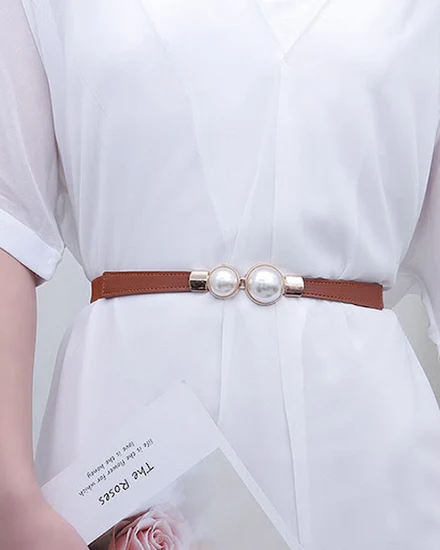 Creative Pearl Buckle Belt PU Leather Dress Skirt Waist E... - 1