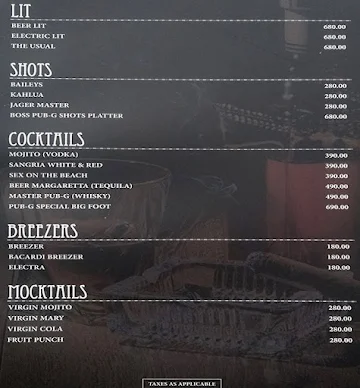 Club Pub-G menu 