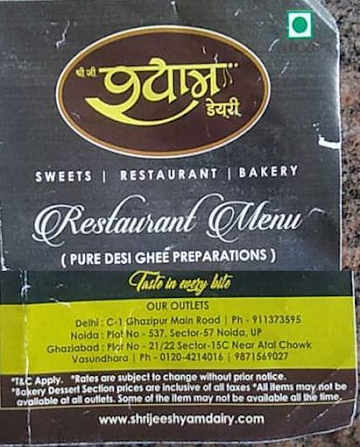 Shri Shyam Dairy menu 