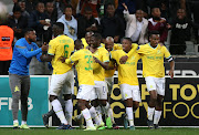 Mamelodi Sundons players celebrate with Aubrey Modiba after he scored the opener against Cape Town City at Cape Town Stadium in Cape Town on 05 August 2022.