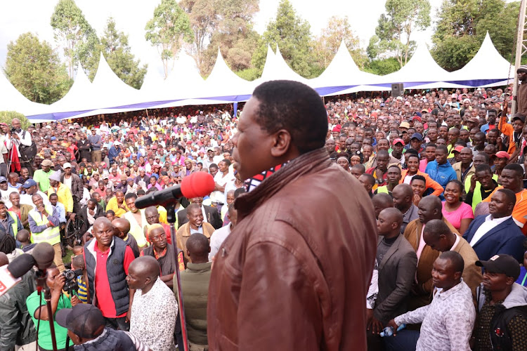 Devolution CS Eugene Wamalwa at Kokwo Lodge in Endebess subcounty during a campaign rally for Azimio on Wednesday May 25