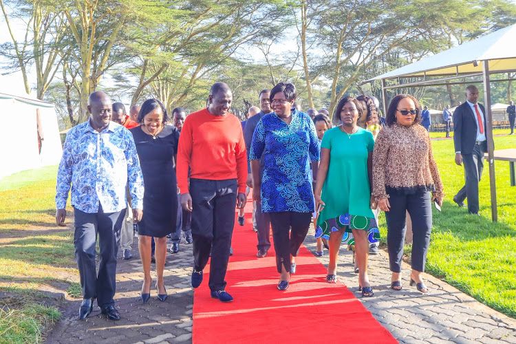 President William Ruto and his deputy Rigathi Gachagua being recieved by Governors Ann Waiguru ( Kirinyaga), Cecily Mbarire ( Embu), Gladys Wanga ( Homa Bay) and Susan Kihika ( Nakuru) during day two of the National Executive Retreat in Naivasha, Nakuru on February 20, 2024