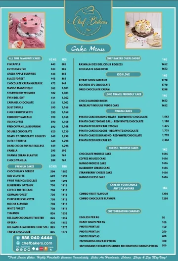 Chef Bakers menu 