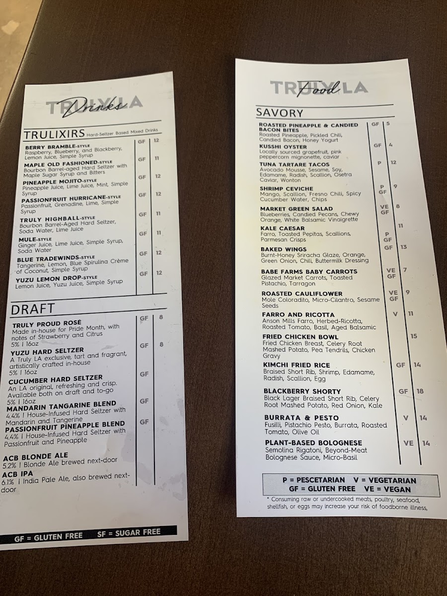 Truly LA gluten-free menu