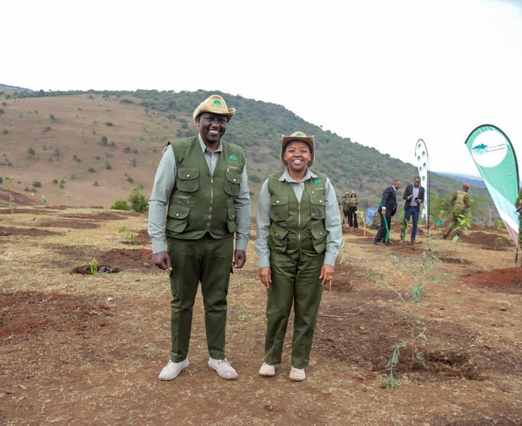 President William Ruto and First lady Rachael Ruto during the launch of tree planting initiative in Ngong Hill Forest, Kajiado county on December 21.