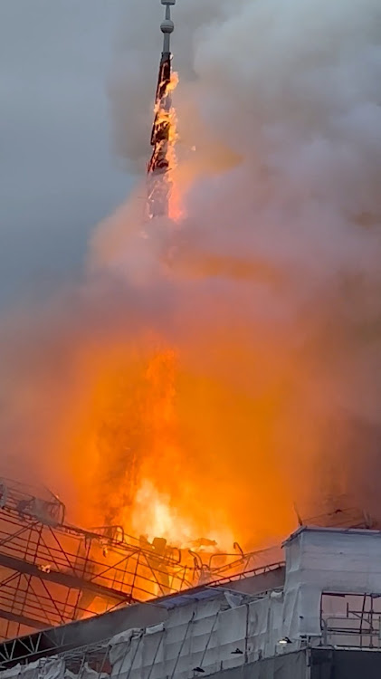 A view of the Old Stock Exchange's "twisted dragons on spire" during a fire at the Boersen, in Copenhagen, Denmark April 16, 2024 in this screengrab taken from a social media video. @Graugaards via X/via REUTERS. THIS IMAGE HAS BEEN SUPPLIED BY A THIRD PARTY. MANDATORY CREDIT. NO RESALES. NO ARCHIVES.