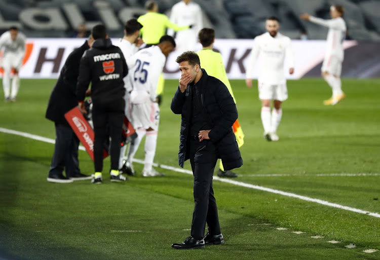 Diego Simeone reacts during the Madrid derby.