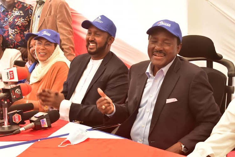 Wiper secretary general Shakila Abdalla, Wajir governor aspirant Siyad Abdullahi and Wiper party leader Kalonzo Musyoka at a press briefing after he joined the party on Saturday, March 19.