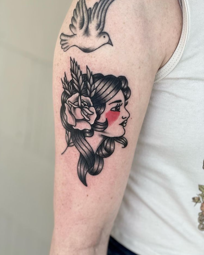 Flower On Ear Side View Girl Face Tattoo Design