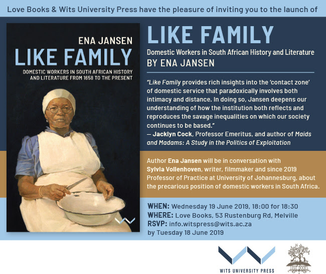 In 'Like Family', Ena Jansen shows that domestic worker relations in South Africa were shaped by the institution of slavery at the Cape. This established social hierarchies and patterns of behaviour and interaction that persist to the present day, and are still evident in the predicament of the black female domestic worker.