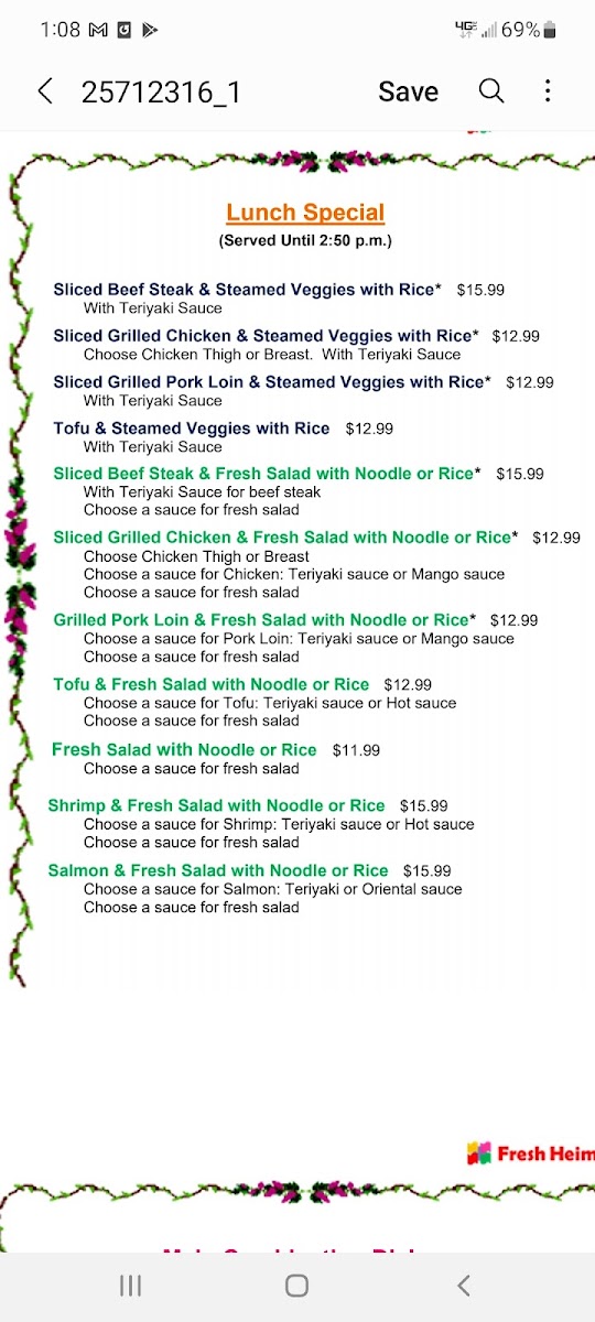 Fresh Heim gluten-free menu