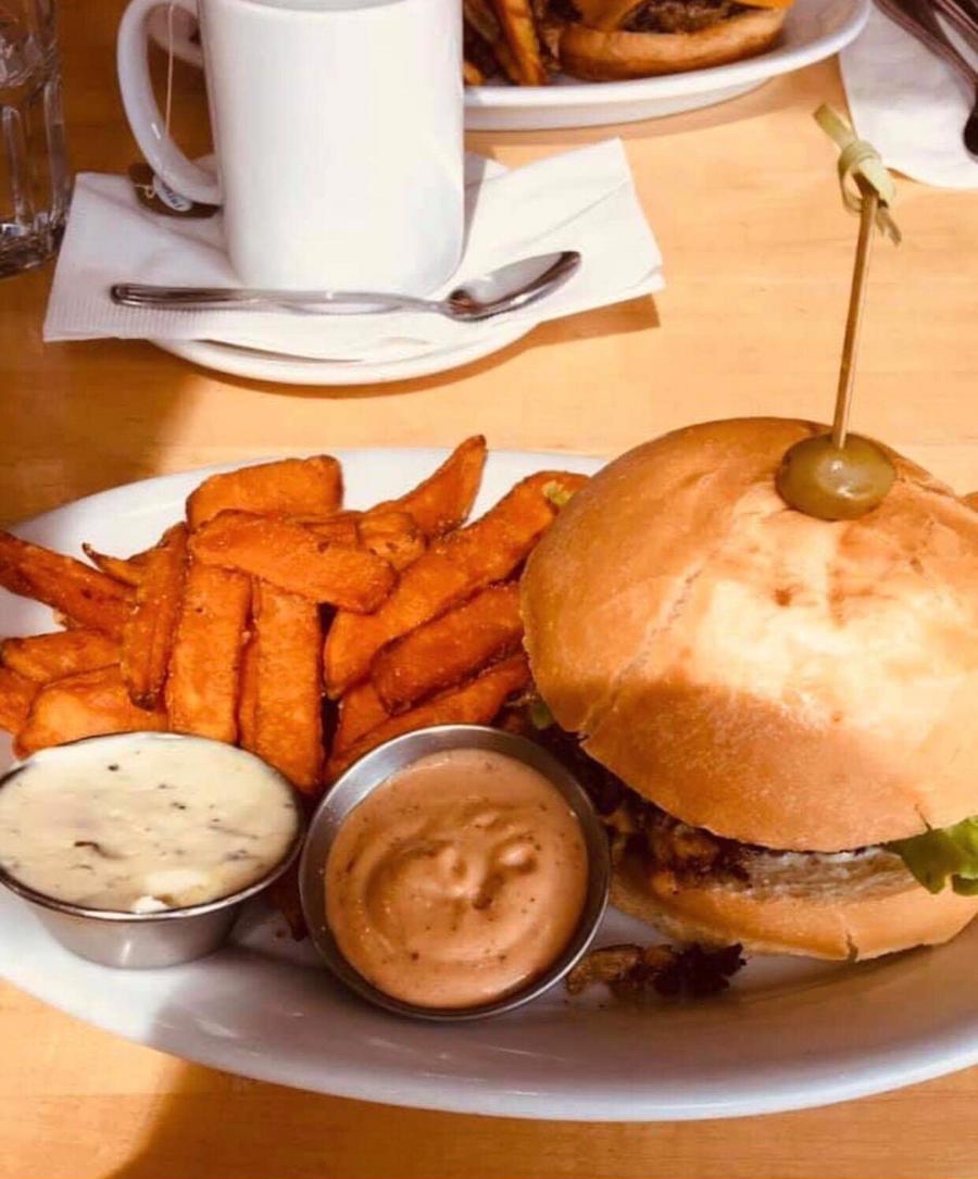 Gluten free burger with a side of GF yam fries. Abe’s has a separate GF frier.