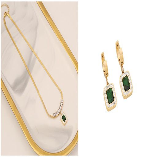 Title 3, Diamond Emerald Zircon Necklace Stainless Steel...
