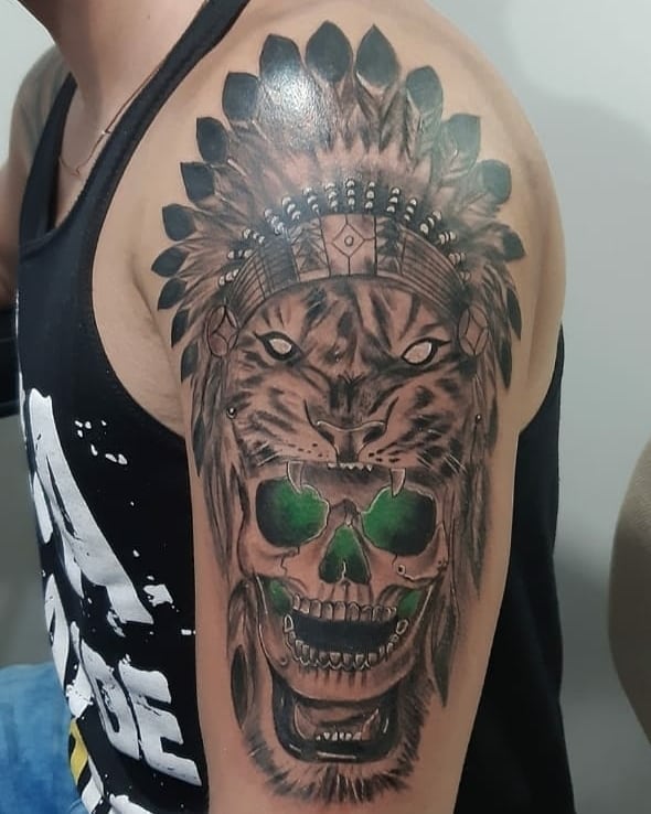 Tribal Tiger with Skull Tattoo