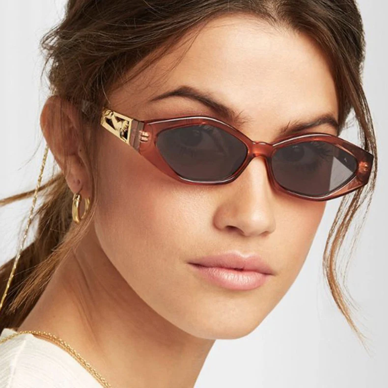 SO & EI Retro pequeño marco polígono ojos de gato mujeres gafas de sol marca diseñador moda guepardo decoración señoras gafas de sol U