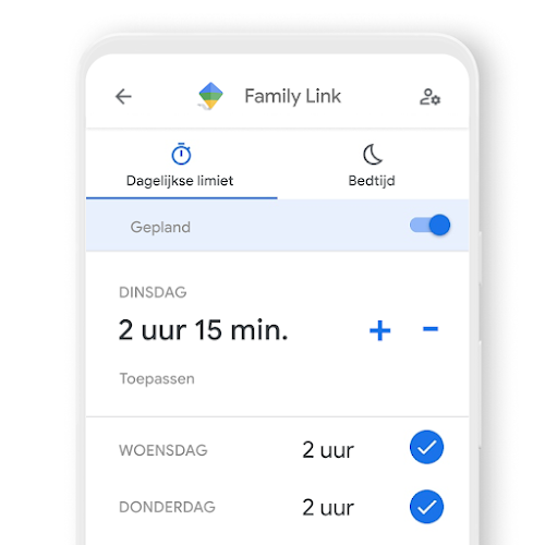 Een telefoon die laat zien hoe je dagelijkse tijdslimieten kunt instellen voor een apparaat met de Family Link-app