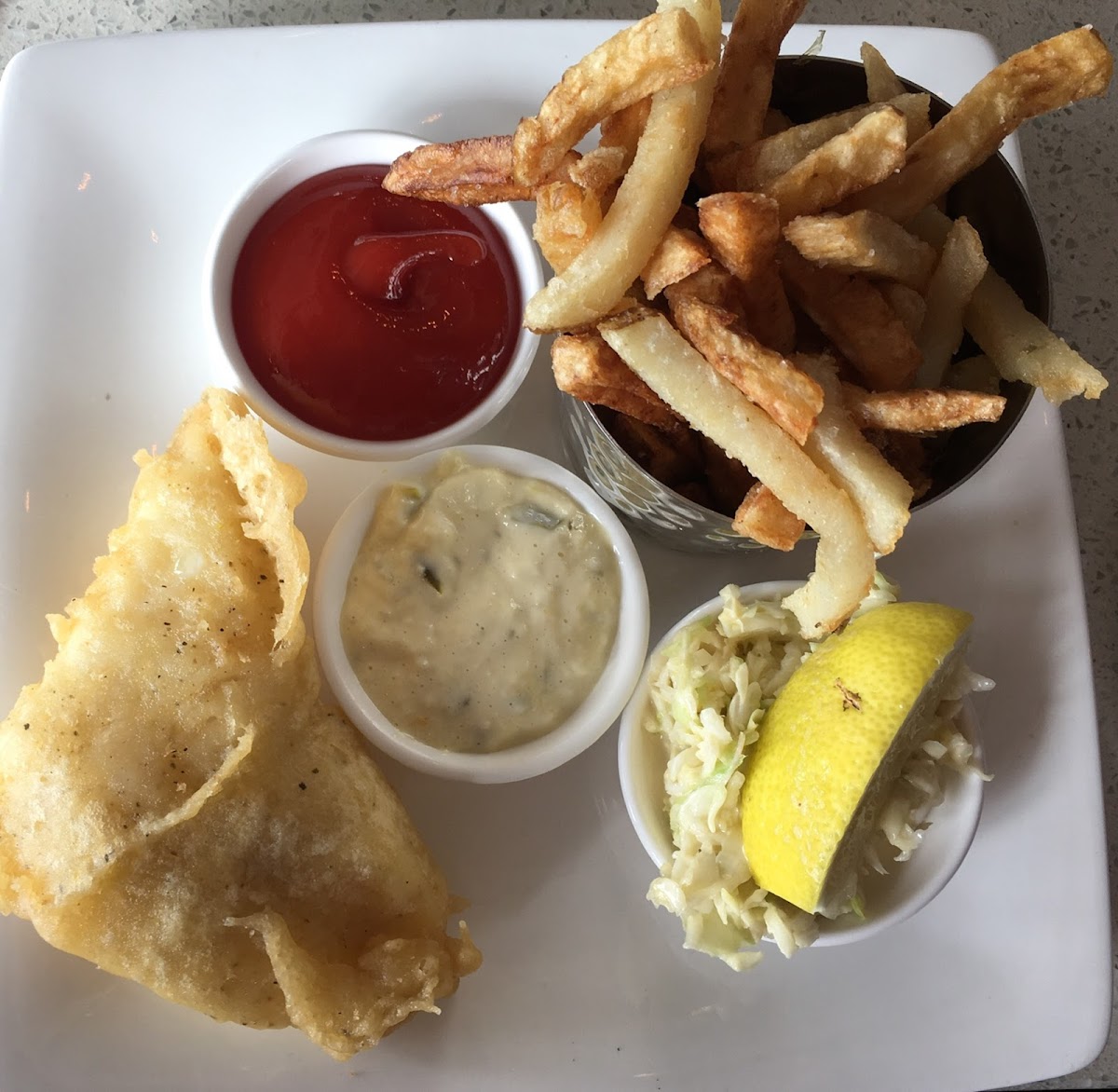 Gluten free Cod Fish & Chips with Cole Slaw.