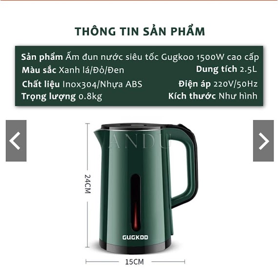 Ấm Siêu Tốc Gugkoo 3L 2 Lớp Chất Lượng Cao Cấp - Ấm Đun Nước Kèm Bình Giữ Nhiệt Không Gỉ Sôi Nhanh